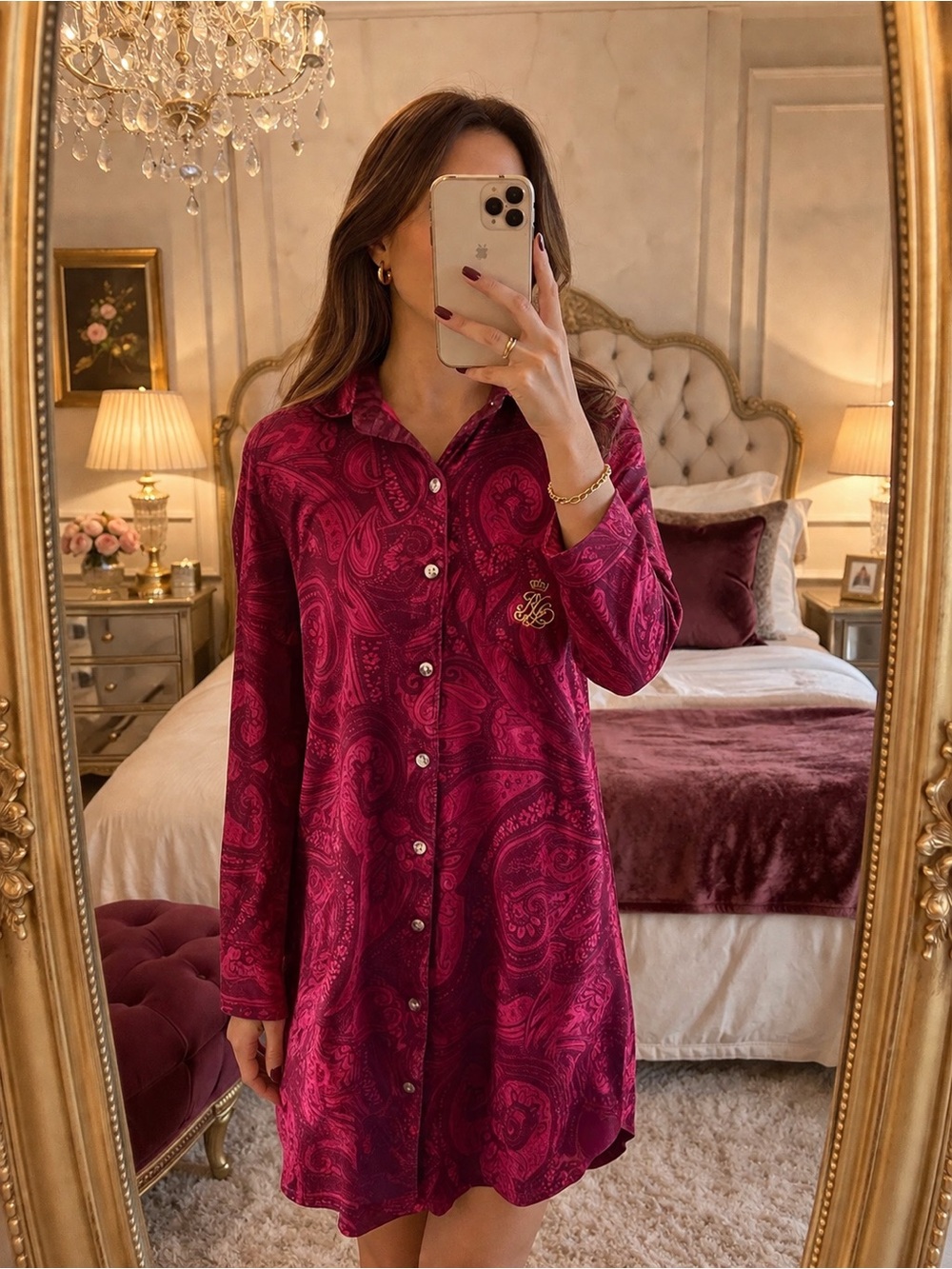 Lauren Ralph Lauren Size M Cotton Paisley Button-Front Monogrammed Sleep Shirt